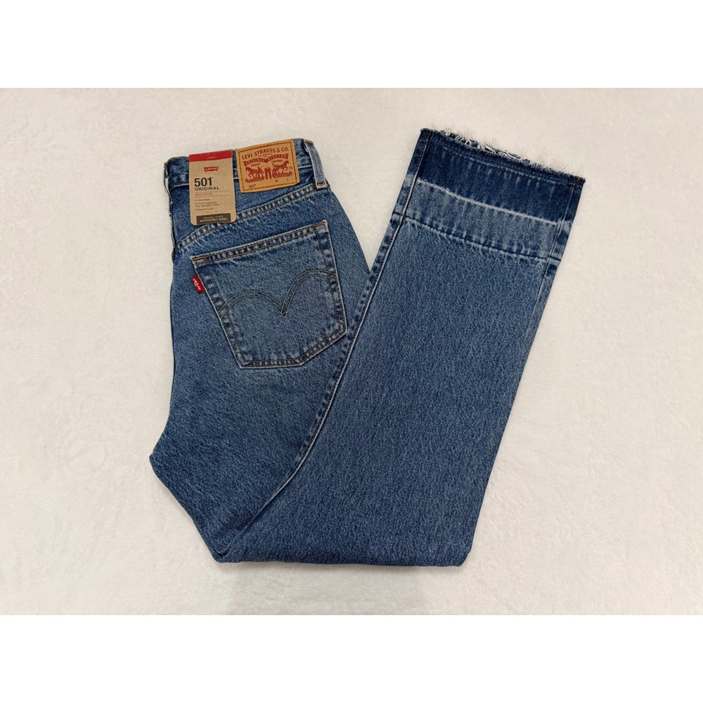 Levis 501 Original High Rise Straight Leg Patchwork Jeans Blue 28x28 NEW